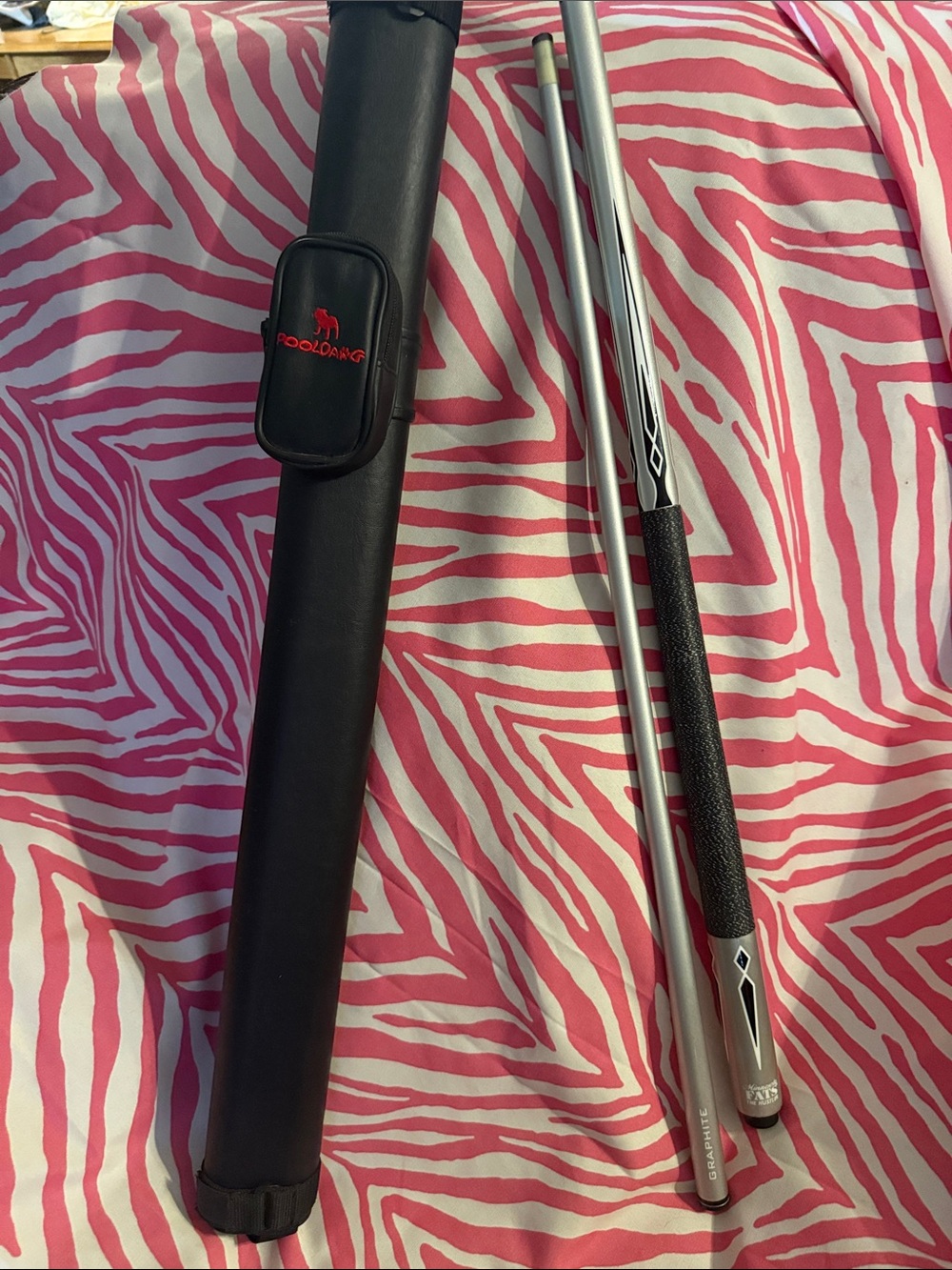 Pool Cue set:  Two-Piece Cue and Black Cue Case with Red Logo